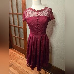 OWIN Burgundy Lace Fit & Flare Dress Size M Romantic Lace Midi